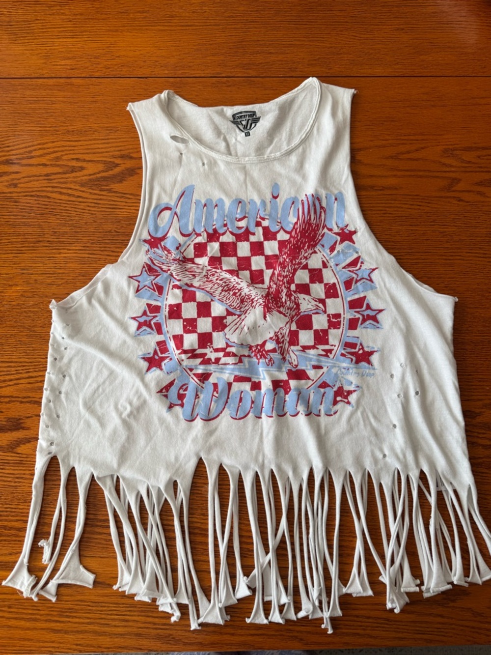 Country Deep American Woman Tank Fringe Distressed XL